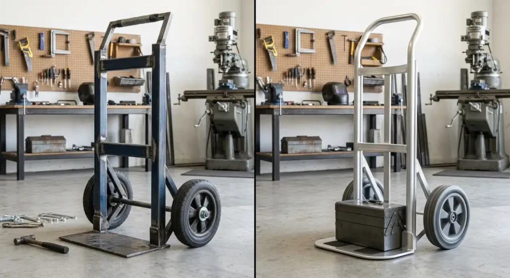 Homemade hand truck compared with a commercial hand truck