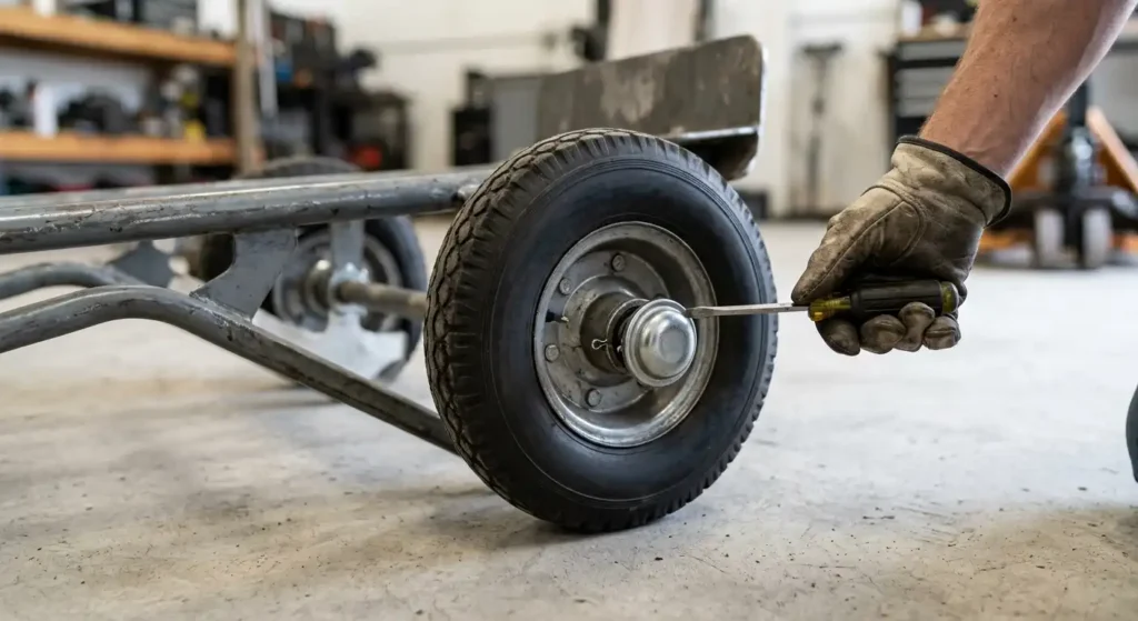 Hand truck axle cap being prepared for removal