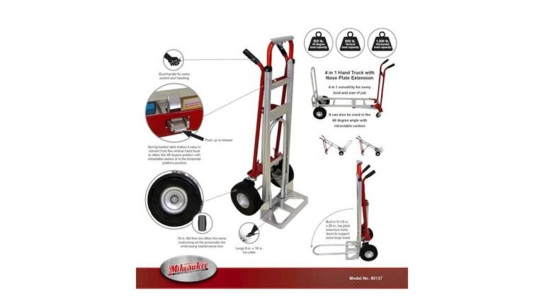 A professional Milwaukee hand truck standing ready for heavy lifting in a warehouse.