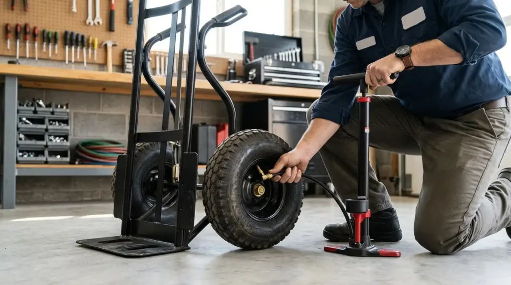 Using a manual floor pump to safely inflate a pneumatic hand truck tire in a workshop.