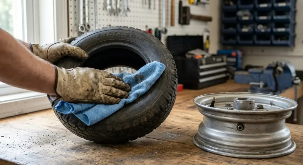 Inspecting a hand truck tire and rim for damage