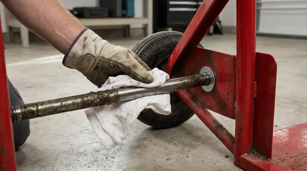Inspecting a Milwaukee hand truck axle before wheel replacement