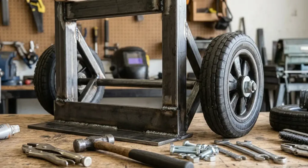Installing an axle and wheels on a homemade hand truck