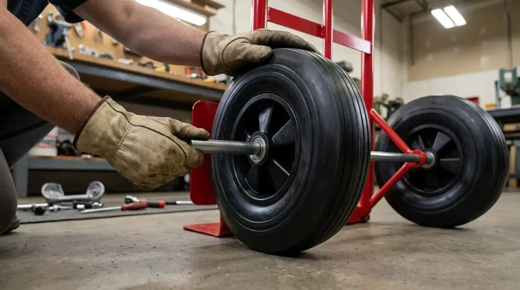 Installing a replacement wheel on a Milwaukee hand truck