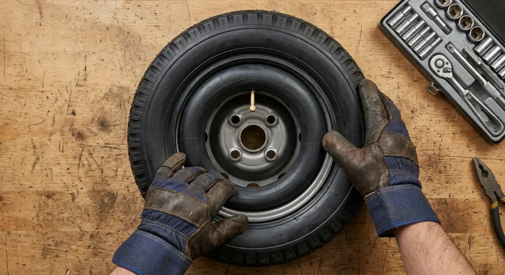 Installing a new inner tube in a hand truck tire