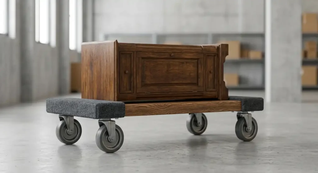 Four wheel platform dolly supporting heavy furniture on a level surface