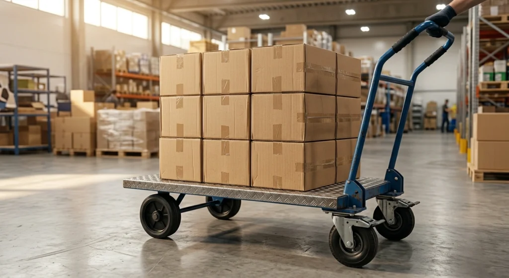 A four-wheel platform hand truck carrying stacked corrugated cartons across a warehouse floor.