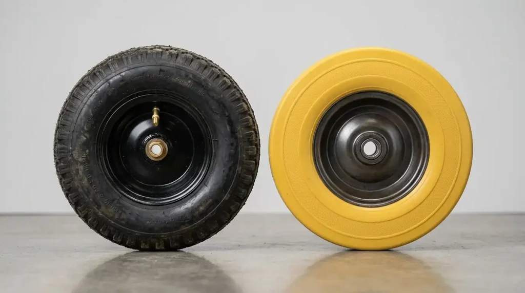 Side by side comparison of an air filled pneumatic hand truck tire and a solid polyurethane flat free tire.