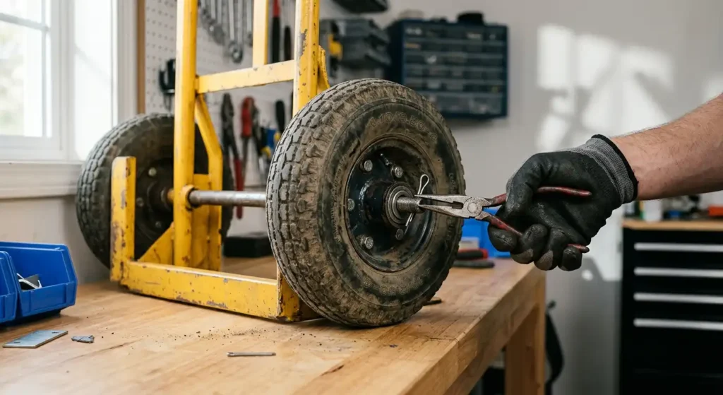 Removing a wheel from a hand truck axle