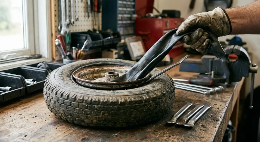 Removing an inner tube from a hand truck tire