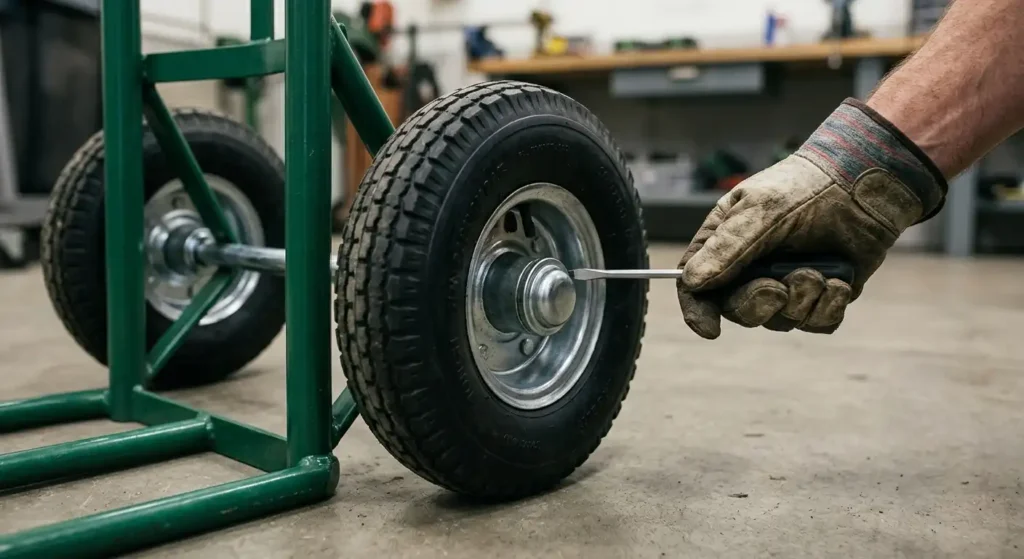 Removing a push on axle cap from a hand truck