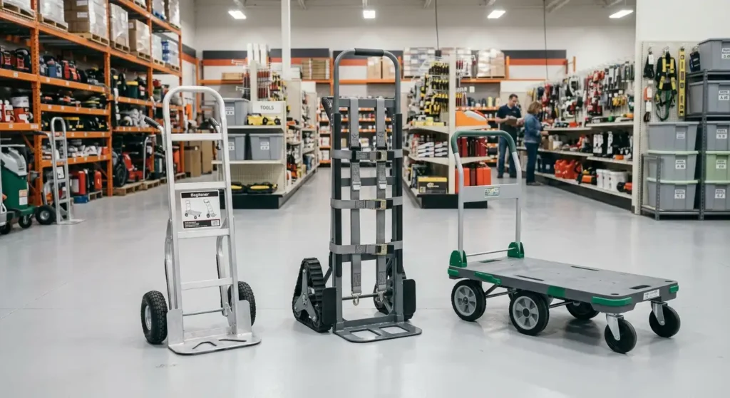 A customer picking up a rented hand truck at an equipment rental service counter.