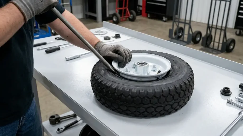Replacing a pneumatic tire on a split rim hand truck wheel