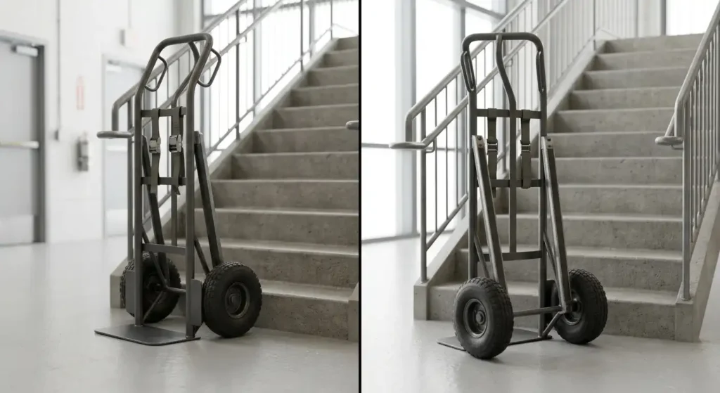 Heavy duty hand truck with stair glides positioned near concrete steps