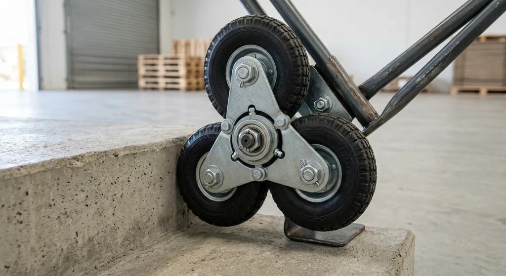 Close-up of a stair-climbing hand truck featuring a rotating tri-star three-wheel assembly on a step.
