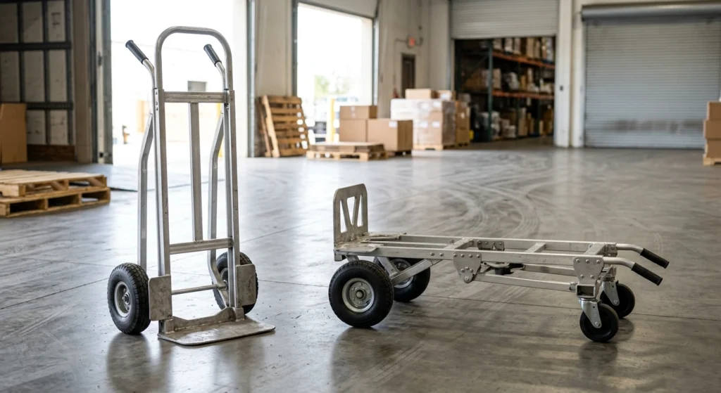 Close up comparison of a standard two-wheel hand truck next to a convertible model in a commercial loading zone.
