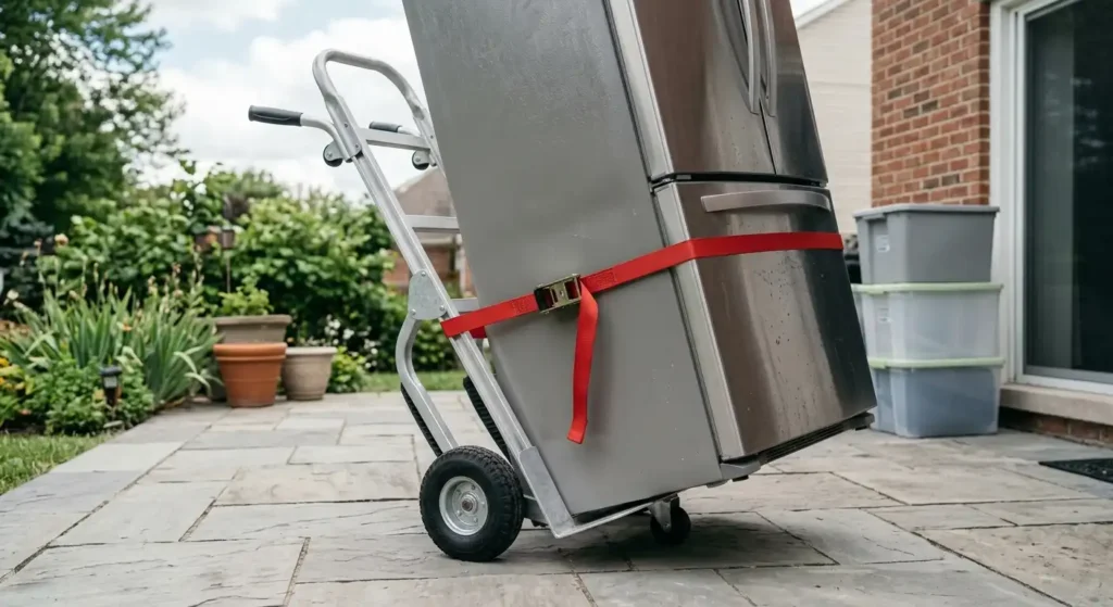 An upright two-wheel steel hand truck standing next to moving boxes.