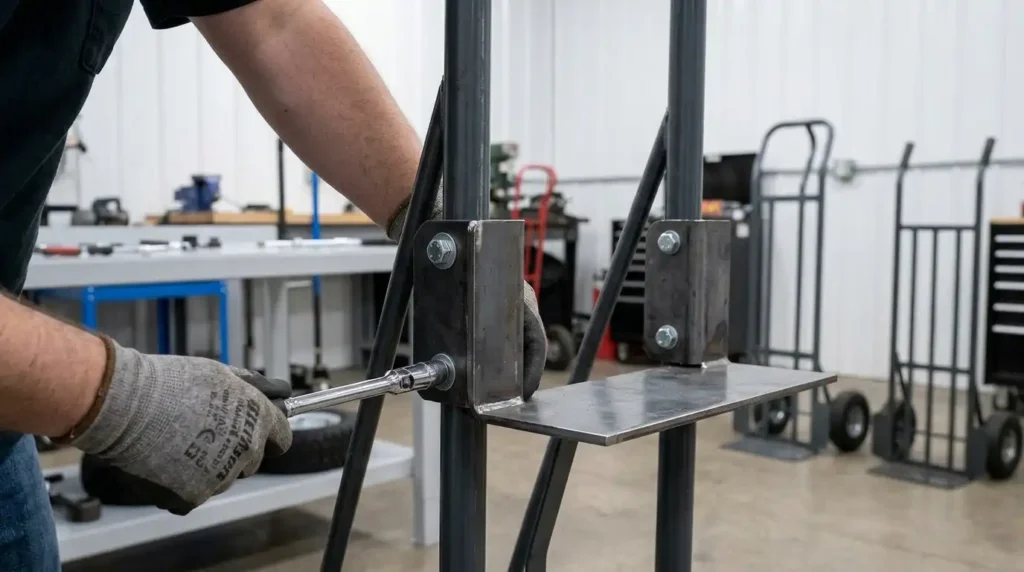 Tightening mounting bolts on a hand truck toe plate with a socket wrench
