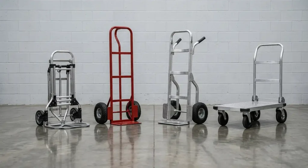 Lineup of four different hand truck types including folding, utility, appliance, and convertible models.