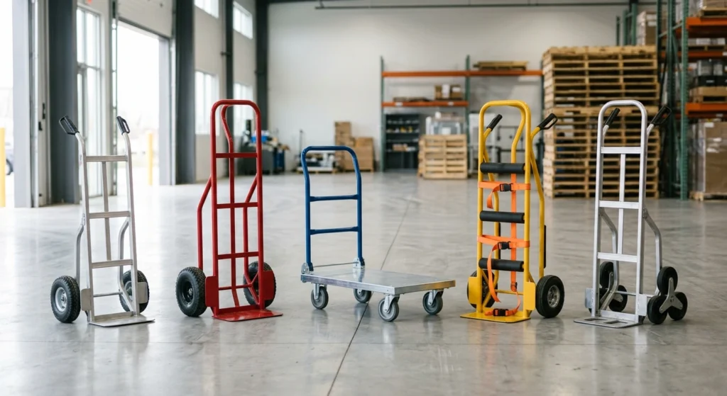 A lineup of different types of hand trucks including standard, appliance, convertible, and platform models in a clean warehouse.