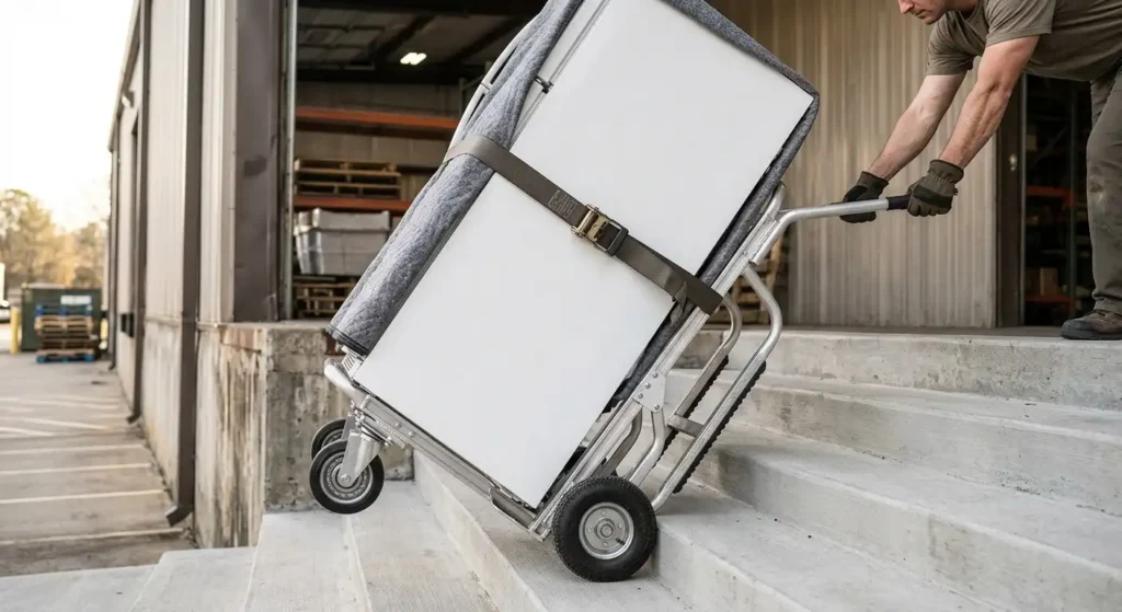 Appliance hand truck with secured load and rear stair tracks positioned safely on concrete steps.