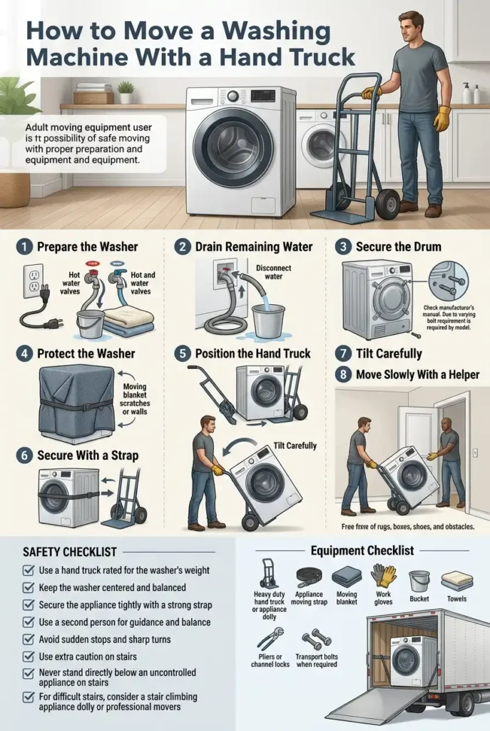 Infographic of How to Move a Washing Machine With a Hand Truck Safely