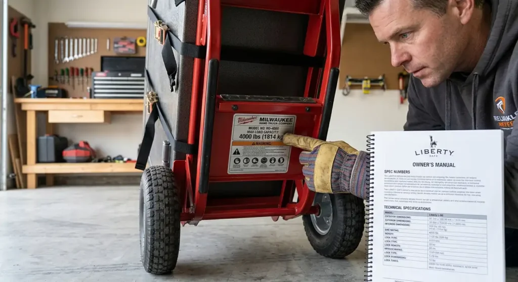 Inspecting weight capacity rating sticker on a heavy duty hand truck frame.