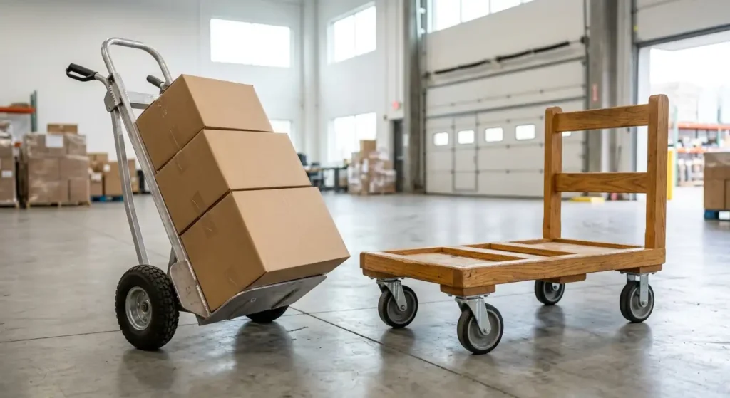 Hand truck and dolly used to move boxes in a warehouse