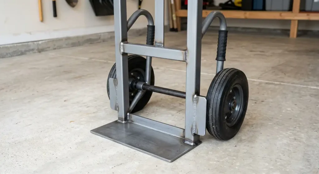 Close-up view of a hand truck wheel, axle, frame, and nose plate.