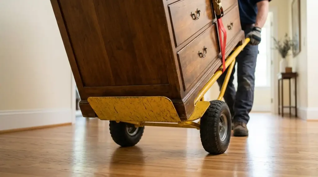 Hand truck toe plate positioned under heavy furniture