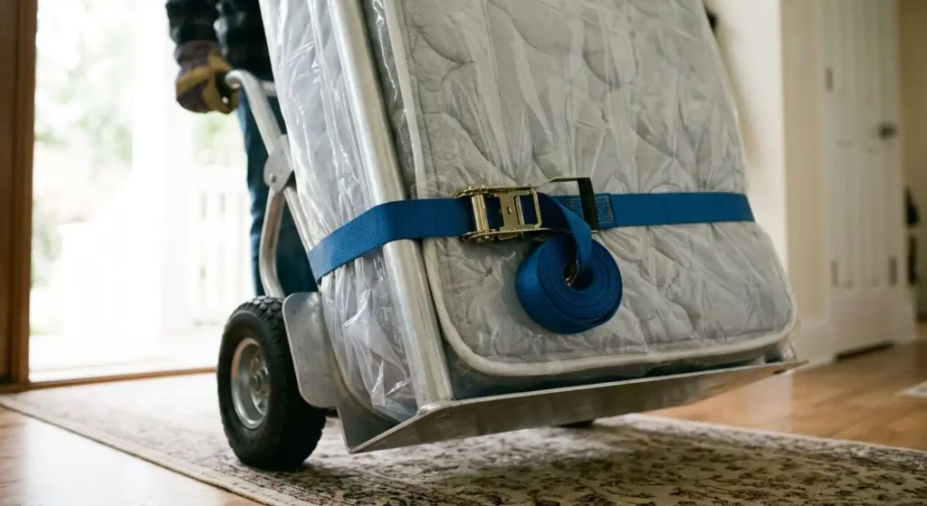 Close up of tie down straps securing a mattress to a hand truck frame.