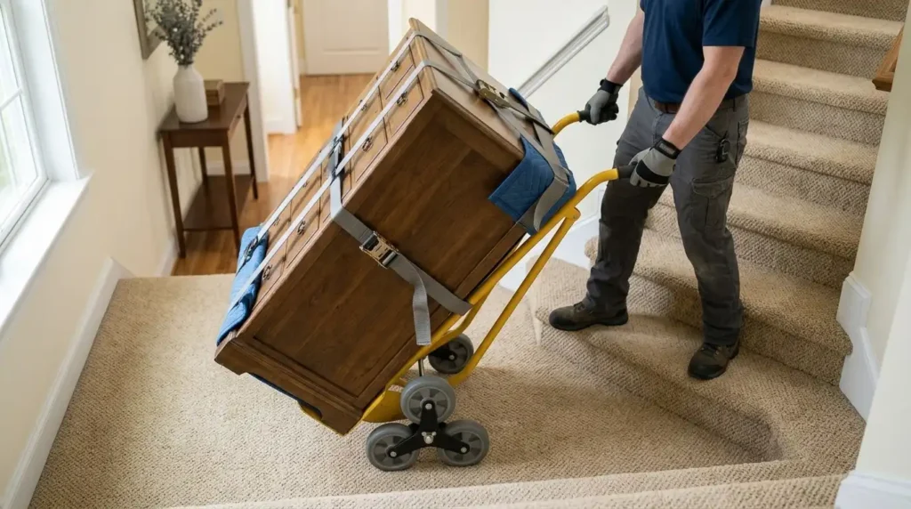 Moving secured furniture on stairs with a suitable hand truck