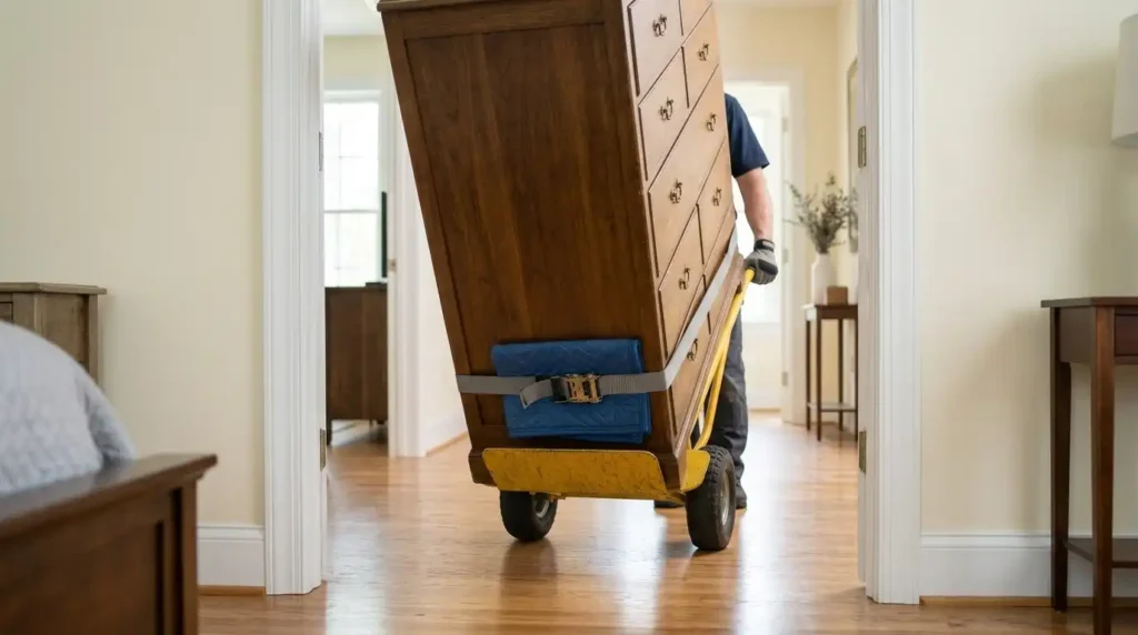Moving heavy furniture through a doorway with a hand truck