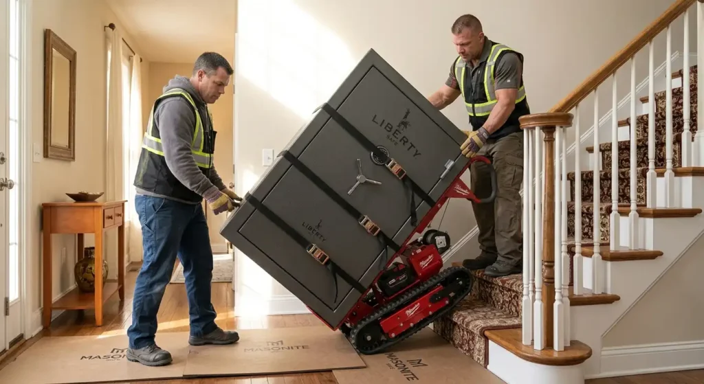 Professional safe movers using motorized equipment near a staircase landing.