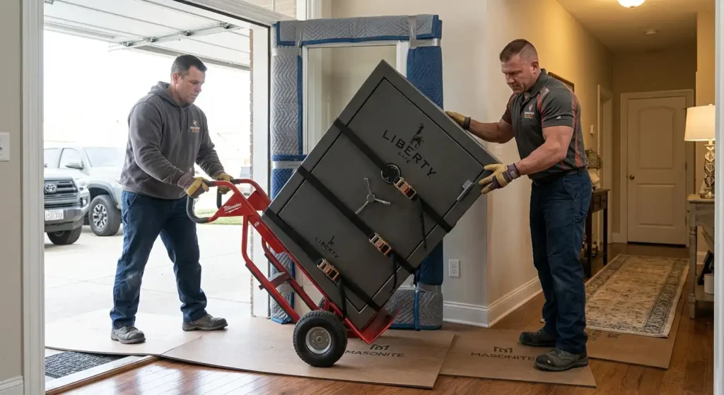 Hand truck carrying a safe guided through a doorway with protective boards on the floor.