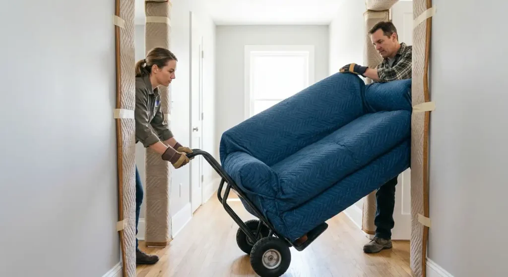 Two people guiding a couch on a hand truck through an interior doorway.