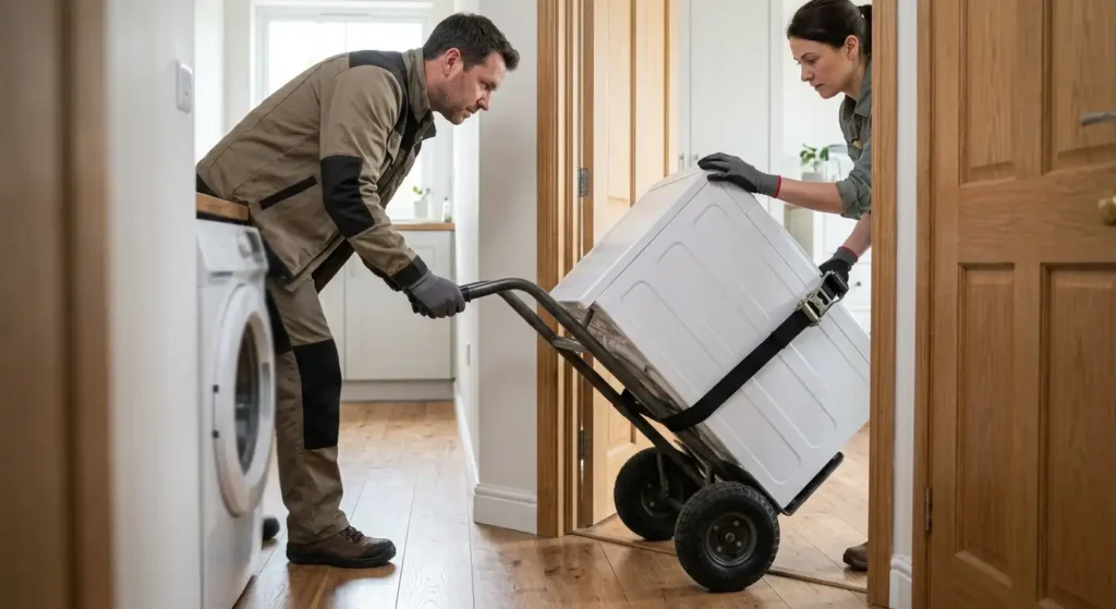 Rolling a dryer on a hand truck safely through a home doorway.