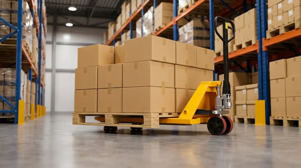 Pallet jack moving a loaded pallet in a warehouse