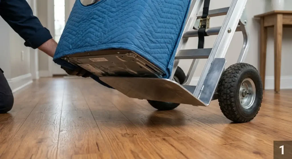 Hand truck positioned under a washing machine for moving
