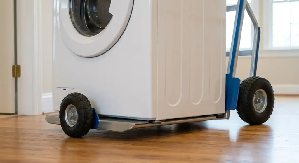 Metal toe plate of a hand truck positioned underneath a washing machine.