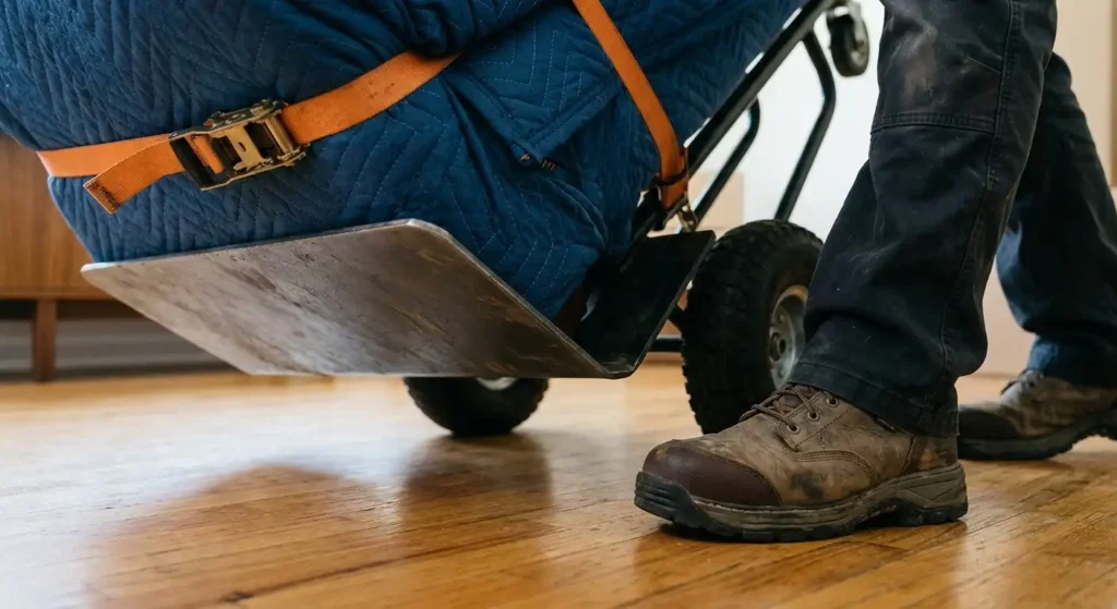 Hand truck toe plate positioned beneath the lower frame of a wrapped couch.