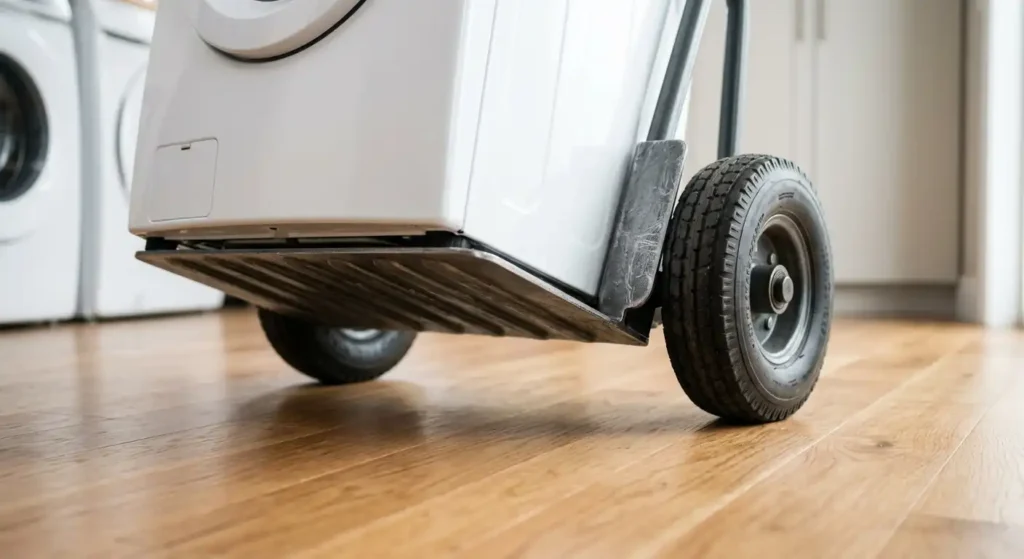 Sliding the toe plate of a hand truck underneath a clothes dryer.