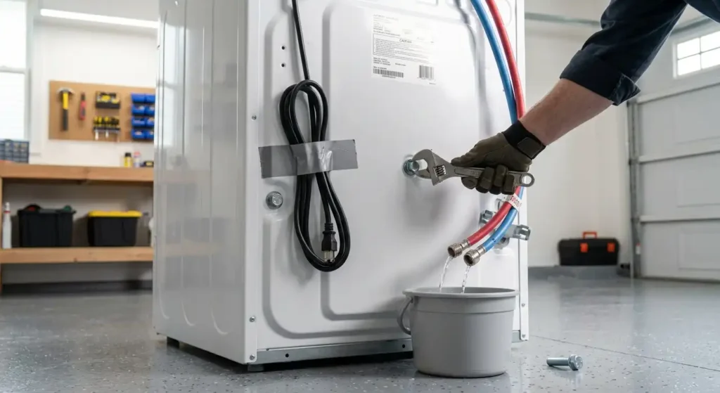 Preparing a washing machine for moving by disconnecting hoses and draining water