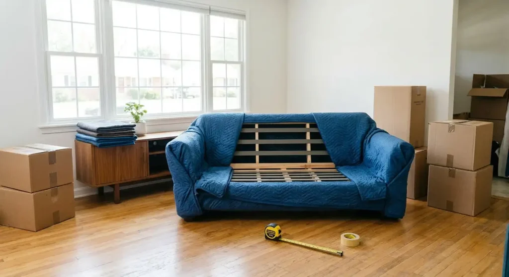 A sofa prepared for moving with cushions and legs removed alongside moving blankets.