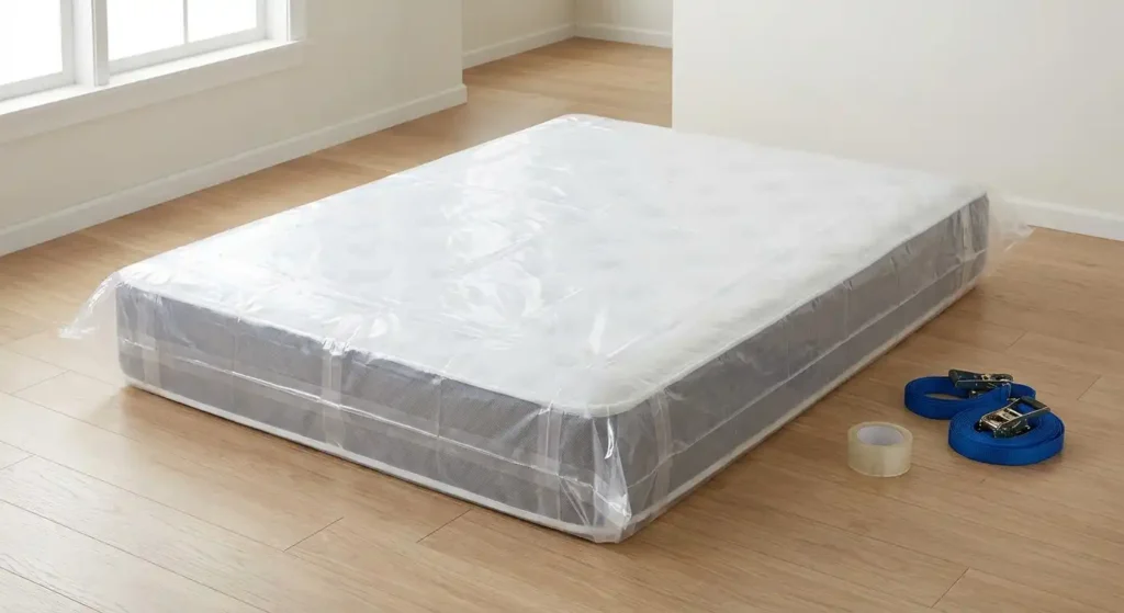 Wrapped mattress in protective bag ready for moving equipment.