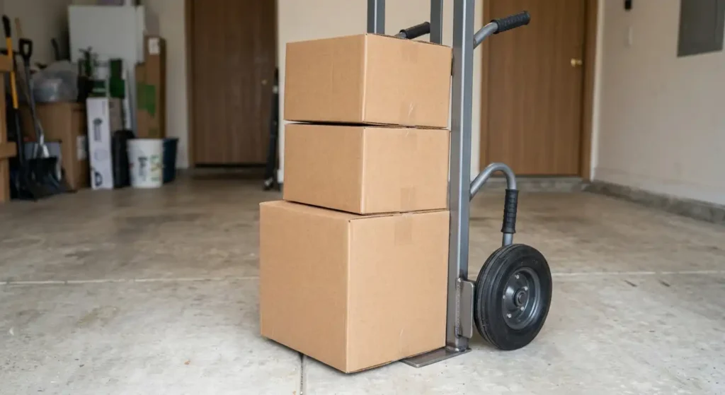 Heavy boxes properly stacked on the nose plate of a hand truck.