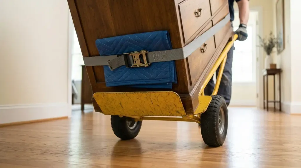 Heavy furniture secured to a hand truck with a moving strap
