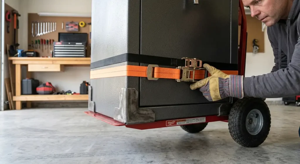 Heavy safe centered on hand truck toe plate and secured with orange ratchet straps.
