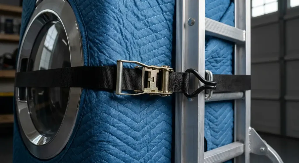 Washing machine secured to an appliance dolly with a moving strap