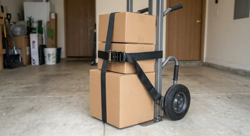 Tie-down strap securing stacked boxes to a hand truck frame.